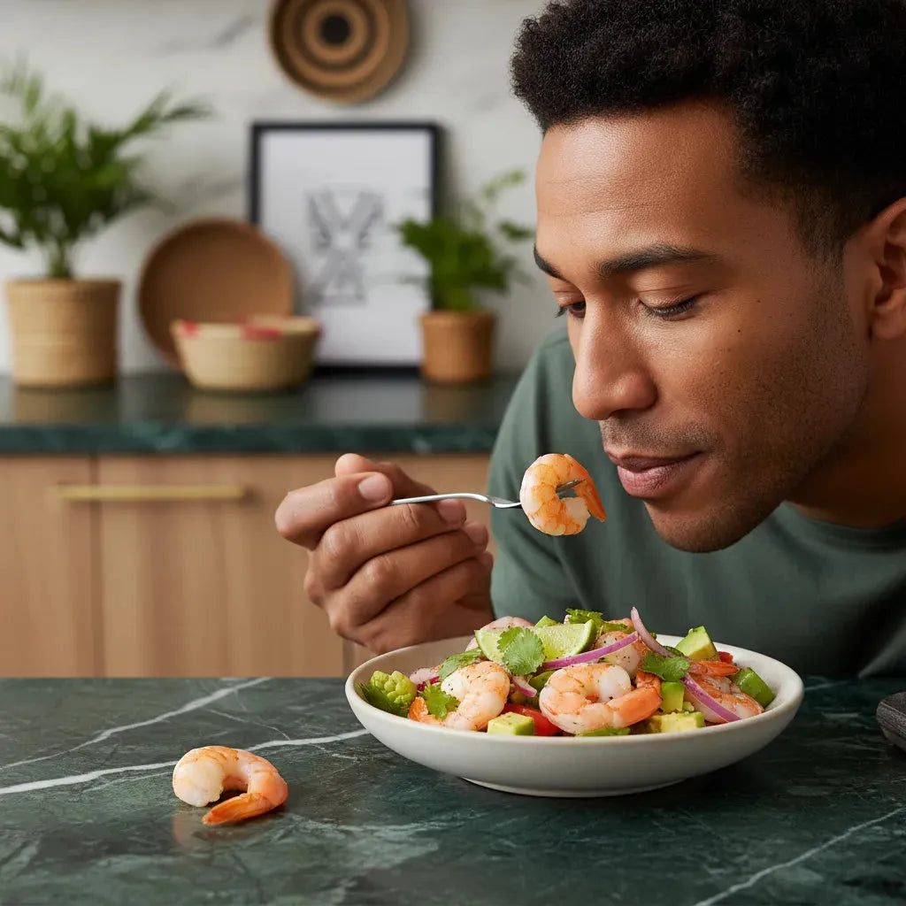 Homme dégustant une salade aux crevettes cuites décortiquées - Saveur et Praticité, parfaites pour une cuisine saine et savoureuse au quotidien.