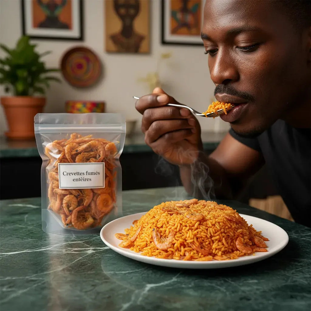 Homme dégustant un plat de riz préparé avec des crevettes fumées en poudre. Produit d'épicerie salée pour cuisine savoureuse et variée.