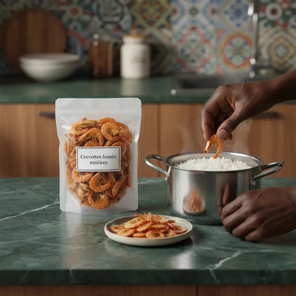 Utilisation culinaire des crevettes fumées en poudre dans un plat de riz chaud. Idéal pour recettes maison aux saveurs marines authentiques.