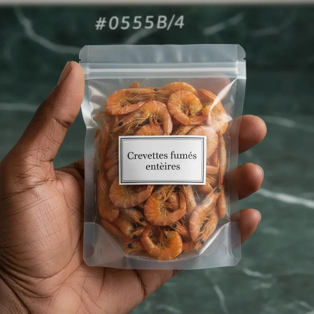 Crevettes fumées en poudre tenues à la main dans un sachet hermétique, parfaites pour plats variés. Produit d'épicerie salée riche en goût.