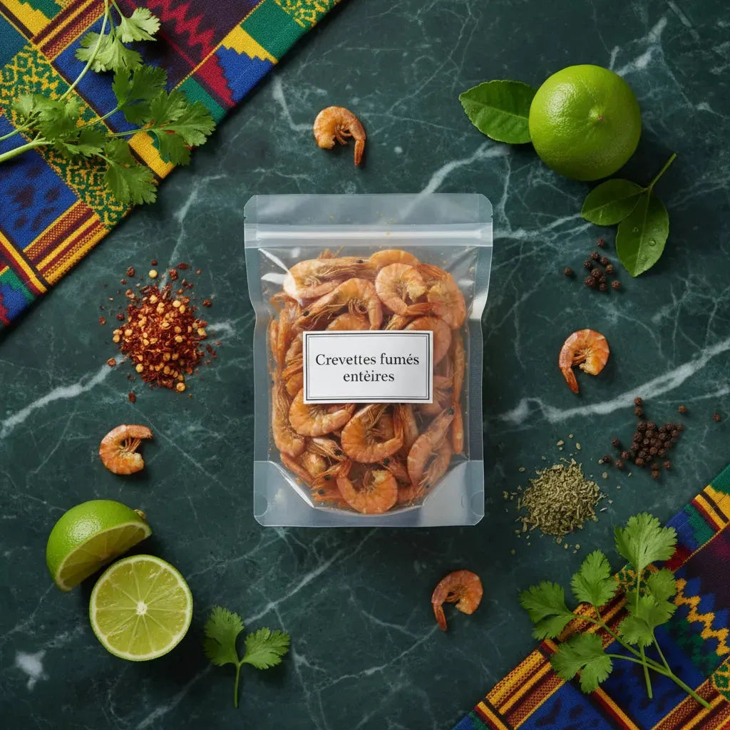 Crevettes fumées en poudre entourées d'épices et herbes fraîches sur fond vert. Ingrédient idéal pour plats exotiques et riches en saveurs.