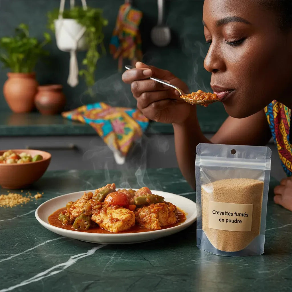 Crevettes fumées en poudre - Ajoutez Saveur Intense à côté d’un plat mijoté dégusté, illustrant son usage dans des recettes savoureuses.