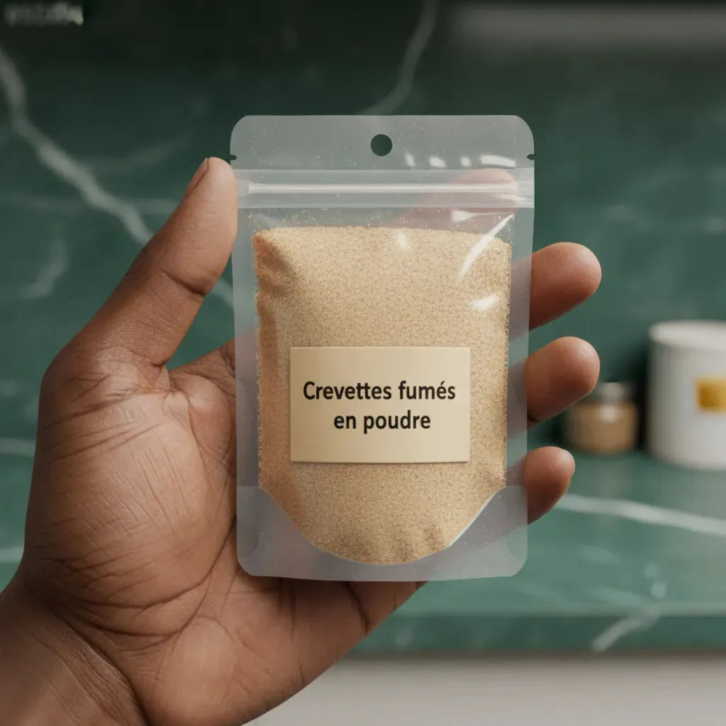 Sachet de crevettes fumées en poudre - Ajoutez Saveur Intense tenu en main, idéal pour les amateurs d’épicerie salée et de cuisine umami.