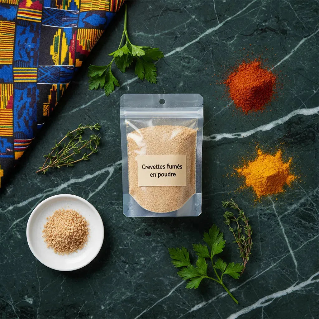 Crevettes fumées en poudre - Ajoutez Saveur Intense posée sur un plan de travail avec herbes et épices, parfaite pour la cuisine épicée.