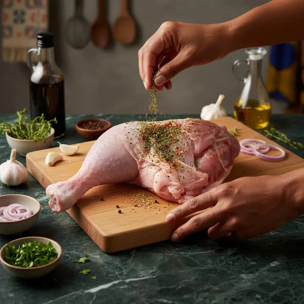 Préparation d'une cuisse de poulet halal avec épices et herbes fraîches. Viande tendre idéale pour plats savoureux et authentiques.