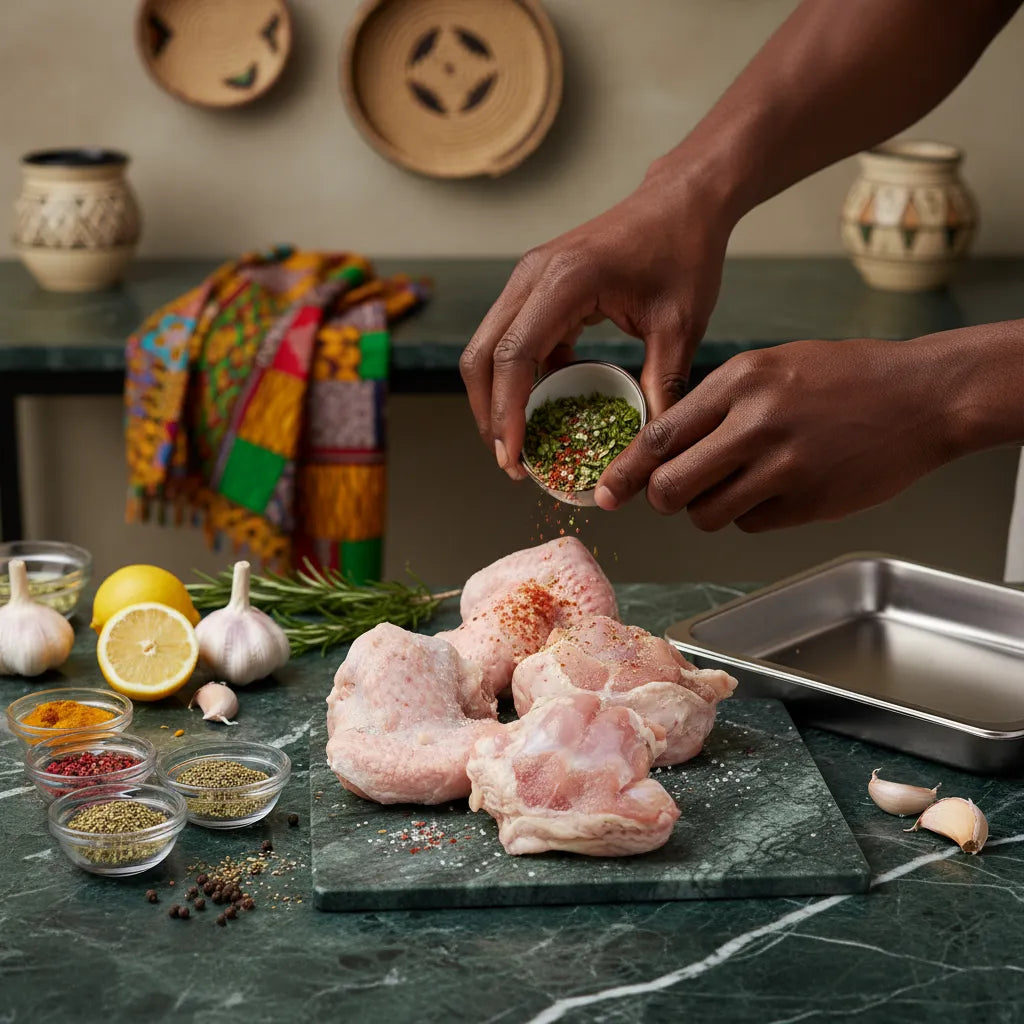 Préparation culinaire avec croupion de dinde nature surgelé, assaisonné avec épices et herbes fraîches sur plan de travail.