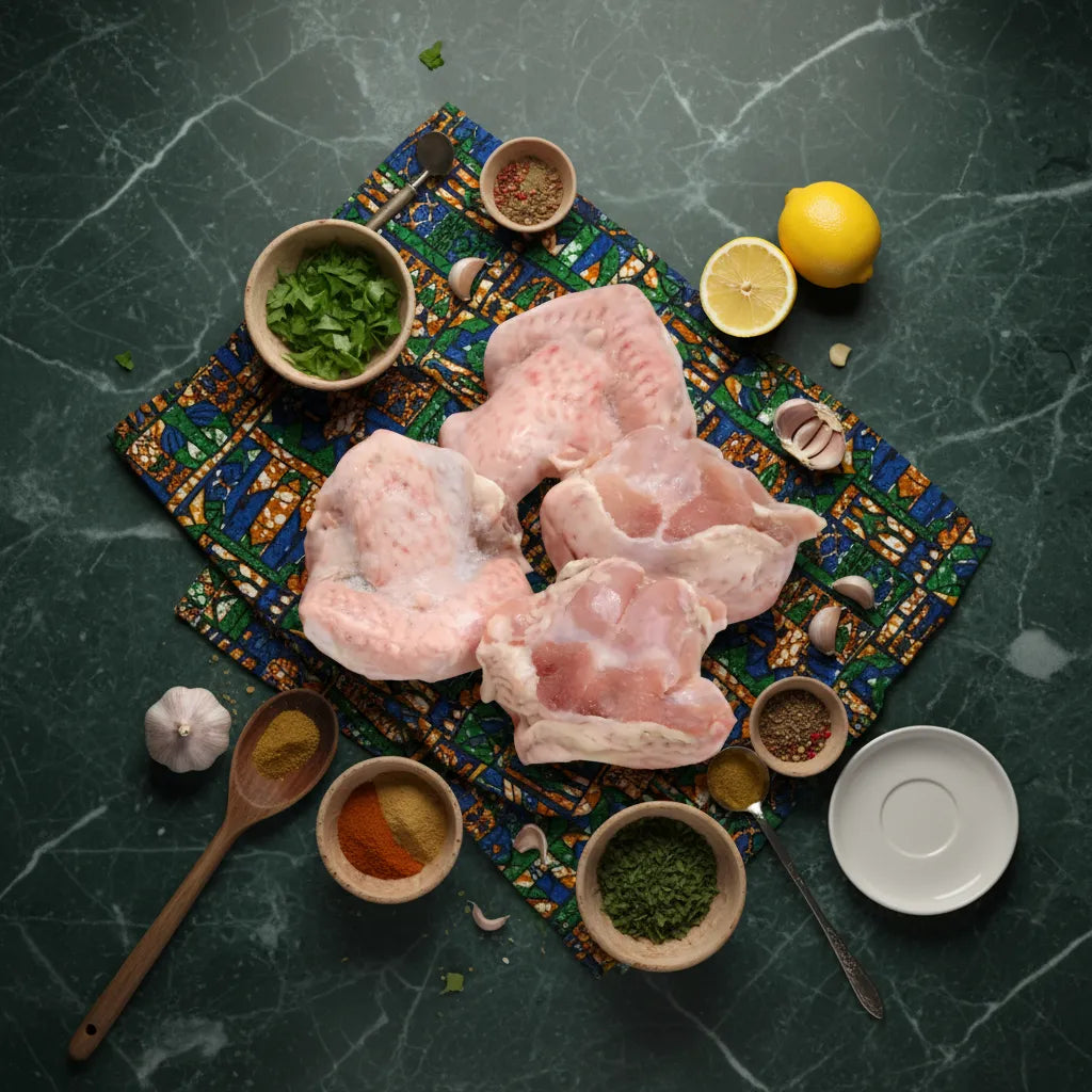 Croupion de dinde nature surgelé présenté avec épices, ail, citron et herbes, parfait pour une préparation culinaire savoureuse.