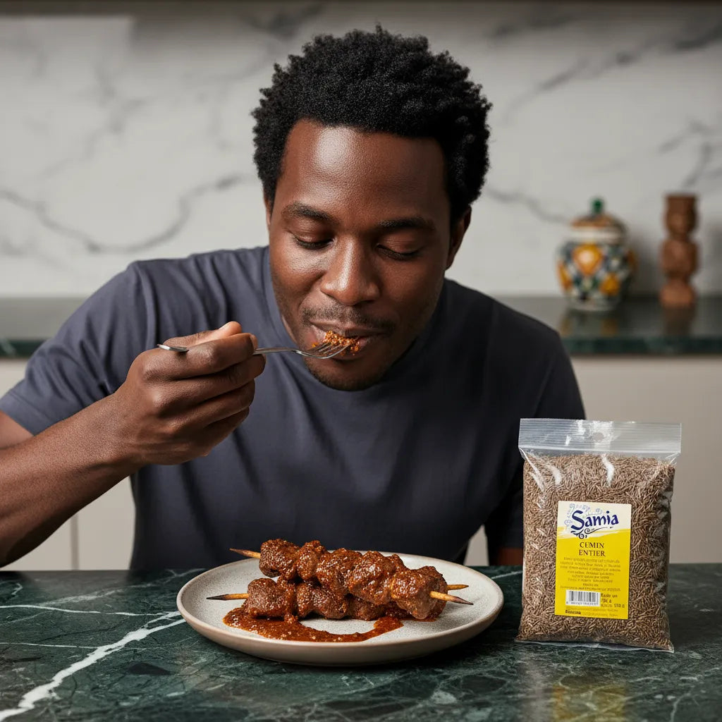 Homme dégustant des brochettes épicées préparées avec le cumin entier Samia, épice aromatique idéale pour la cuisine maison.