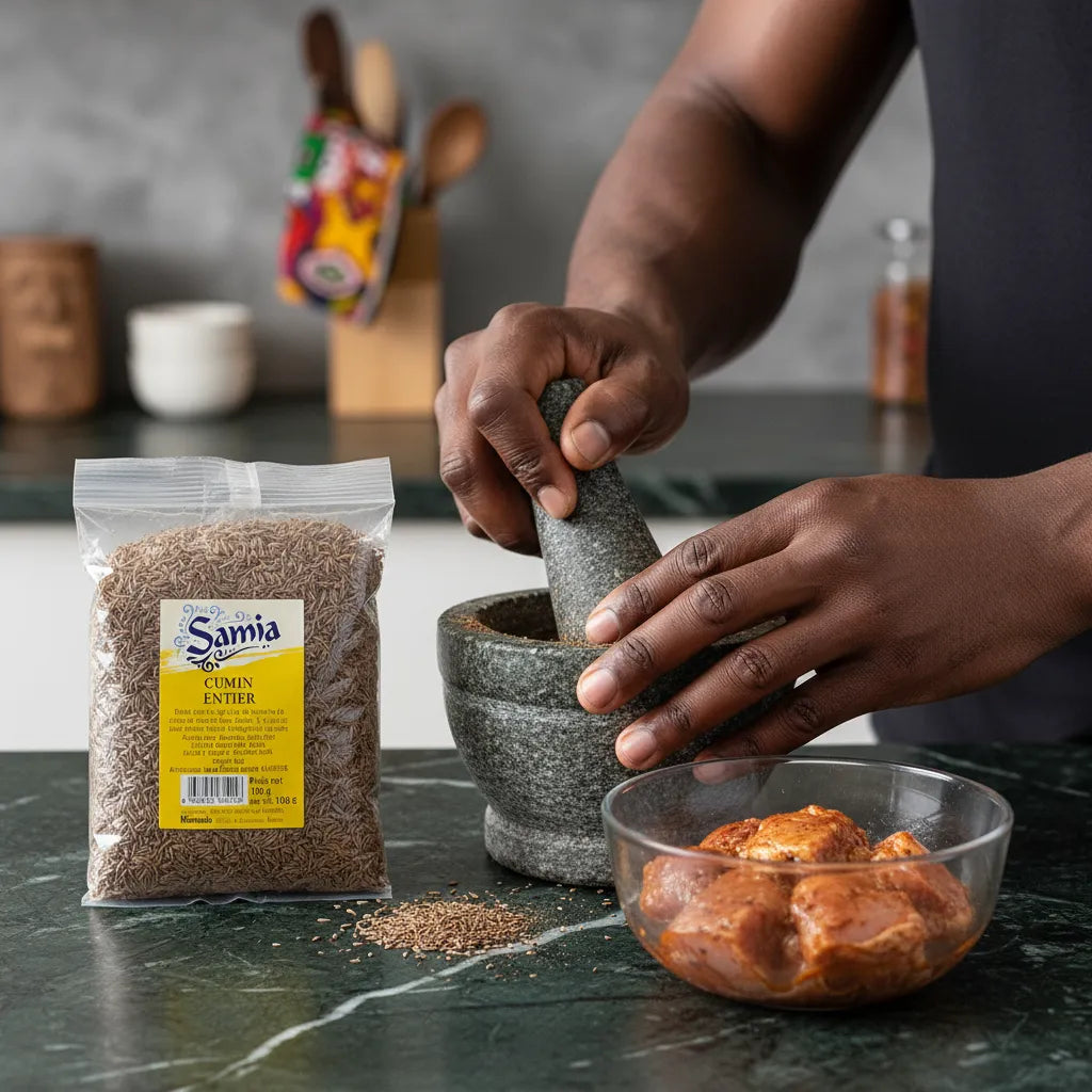 Préparation culinaire avec cumin entier Samia moulu au mortier, parfait pour mariner la viande avec une touche d'épicerie salée.