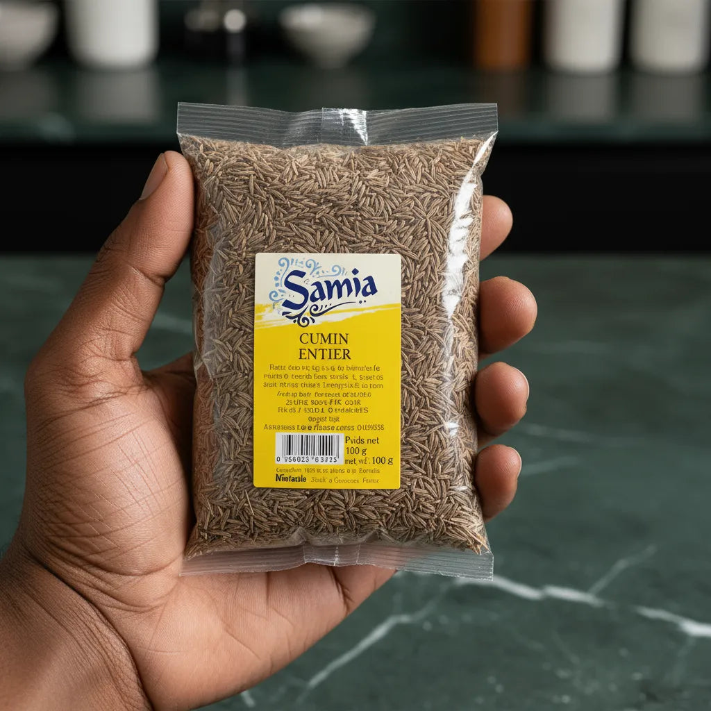 Main tenant un sachet de cumin entier Samia de 100g, épice aromatique conservée dans un emballage hermétique pour une fraîcheur optimale.