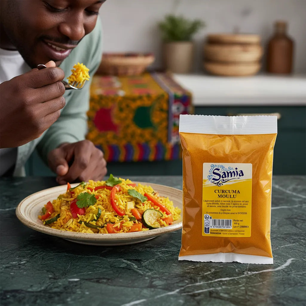 Homme dégustant un plat de riz au curcuma préparé avec le curcuma moulu SAMIA, épice santé aux saveurs intenses et bienfaits naturels.