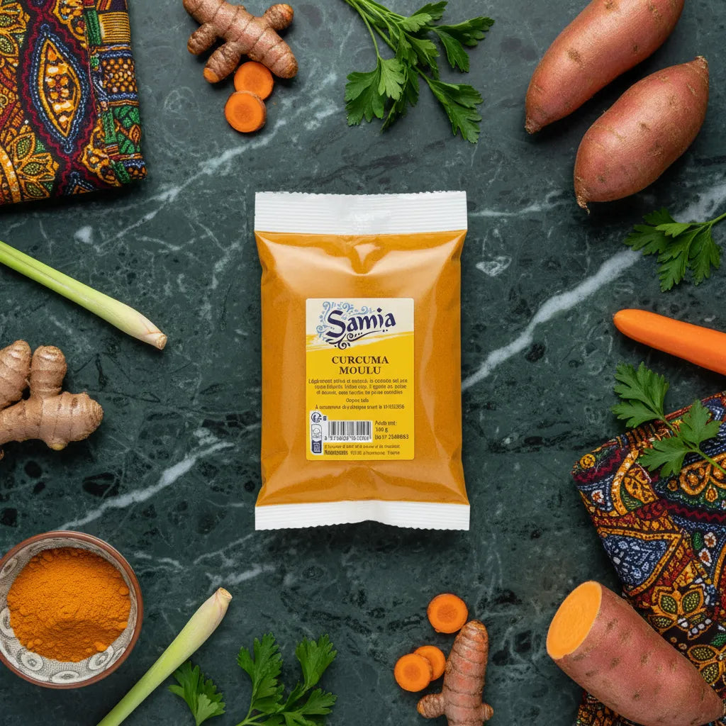 Curcuma moulu SAMIA entouré d'ingrédients frais comme patate douce, carotte et gingembre, parfait pour cuisine saine et épicée.