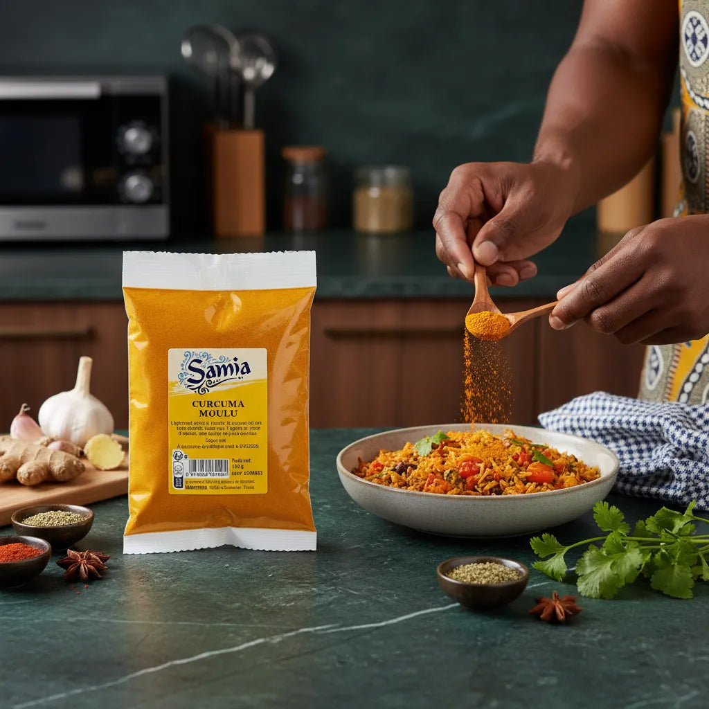 Main saupoudrant du curcuma moulu SAMIA sur un plat de légumes, épice bien-être aux vertus aromatiques pour cuisine équilibrée.