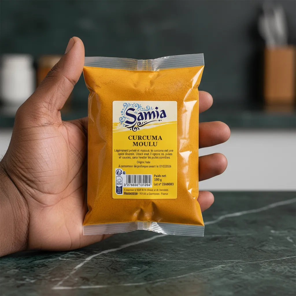 Main tenant un sachet de curcuma moulu SAMIA, épice aux bienfaits santé, parfaite pour relever les plats salés du quotidien.