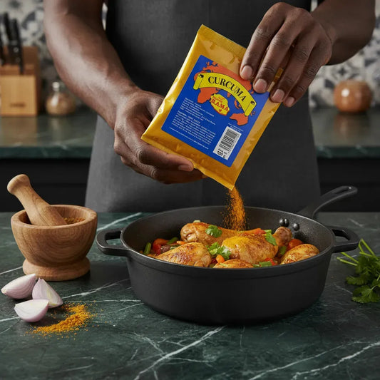 Curcuma Bourbon MAISON RAMA versé dans une poêle sur des pilons de poulet, ajoutant une touche dorée et savoureuse à vos plats mijotés.
