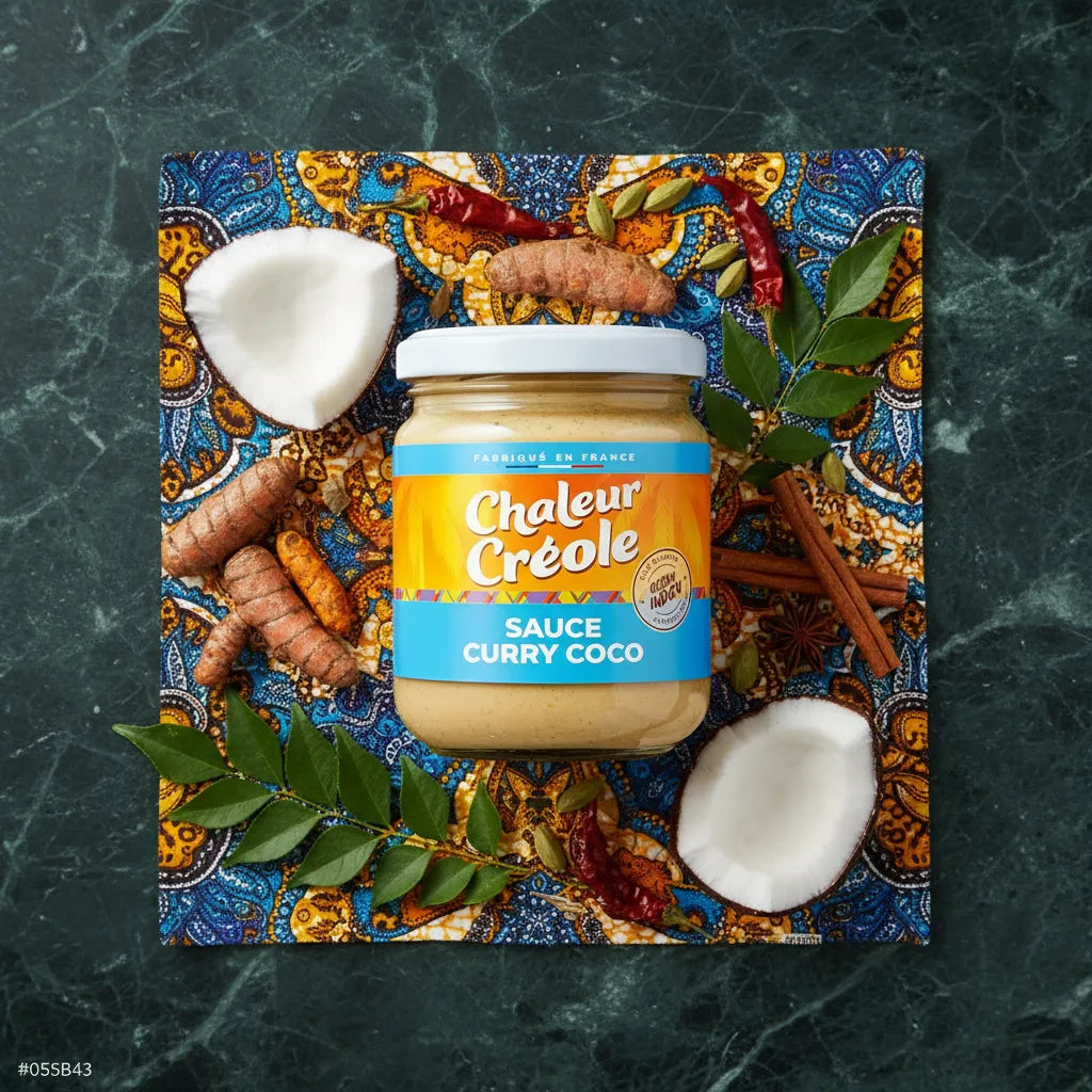 Pot de sauce curry coco CHALEUR CREOLE entouré d’ingrédients exotiques comme curcuma, coco et piments, parfait pour cuisine créole et épicée.