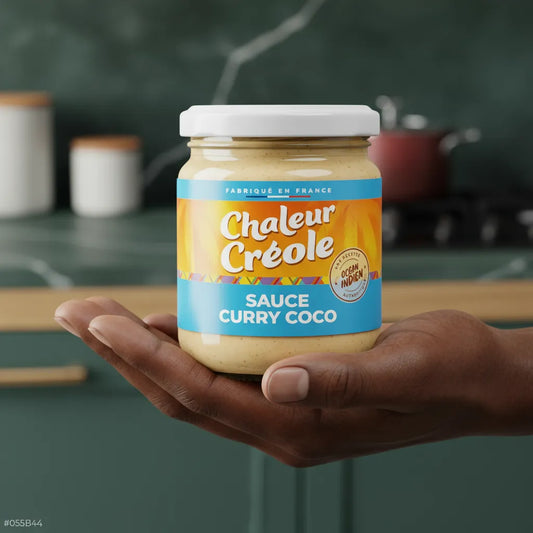Main tenant un pot de sauce curry coco CHALEUR CREOLE, produit crémeux et parfumé, parfait pour plats exotiques, catégorie condiments et sauces.