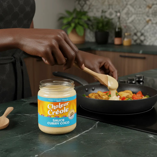 Utilisation de la sauce curry coco CHALEUR CREOLE en cuisine, versée sur des légumes sautés, idéale pour plats mijotés et recettes exotiques.