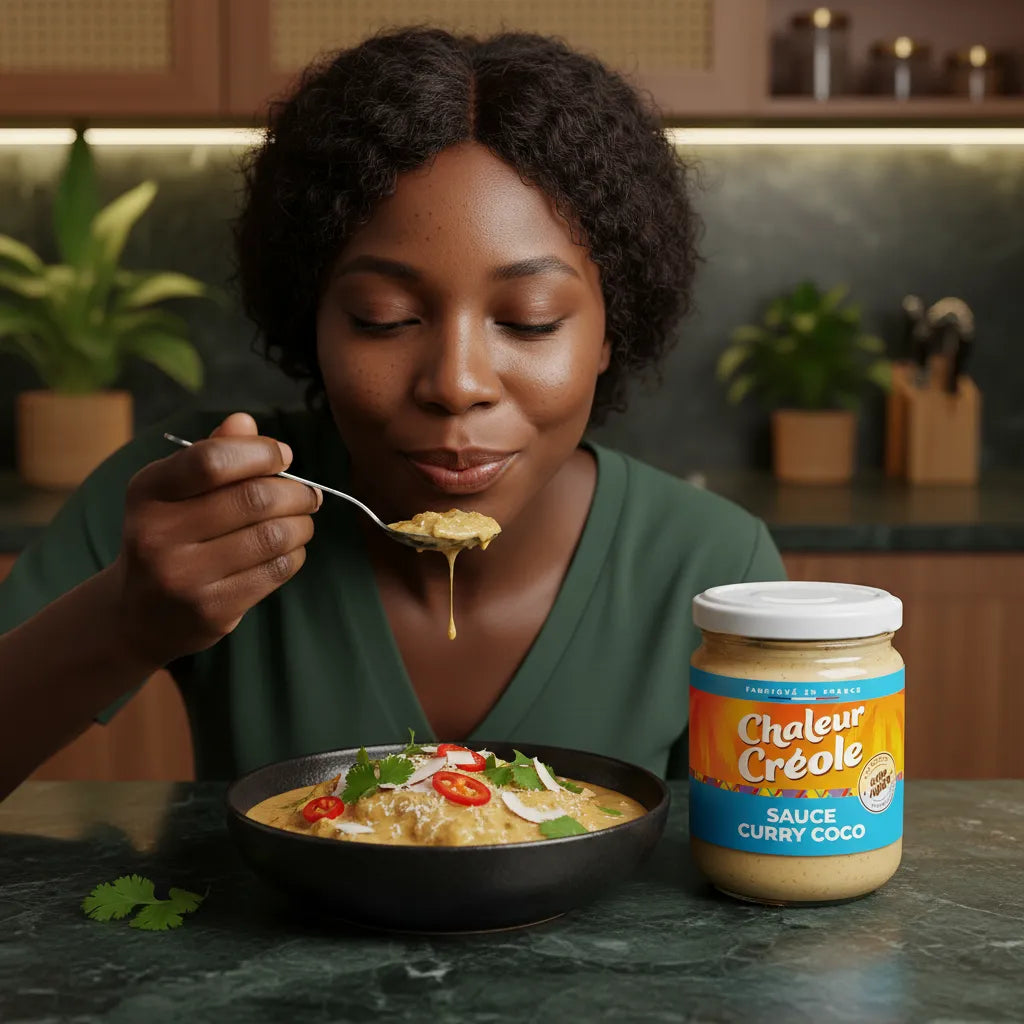 Femme dégustant un plat préparé avec la sauce curry coco CHALEUR CREOLE, saveur douce et épicée, produit d'épicerie salée authentique.