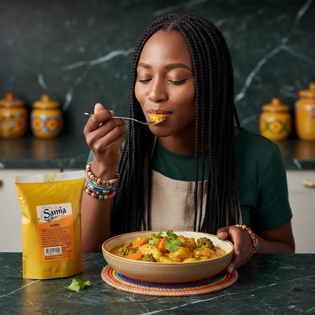 Femme dégustant un plat cuisiné avec Curry SAMIA - Épices en Poudre, saveur aromatique idéale pour recettes maison, Épicerie Salée.
