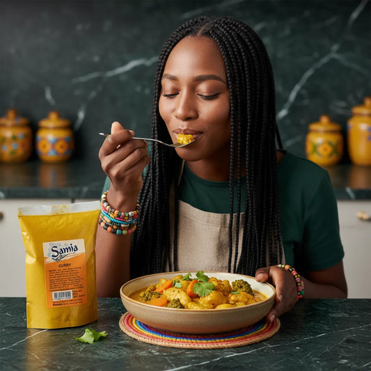 Femme dégustant un plat cuisiné avec Curry SAMIA - Épices en Poudre, saveur aromatique idéale pour recettes maison, Épicerie Salée.