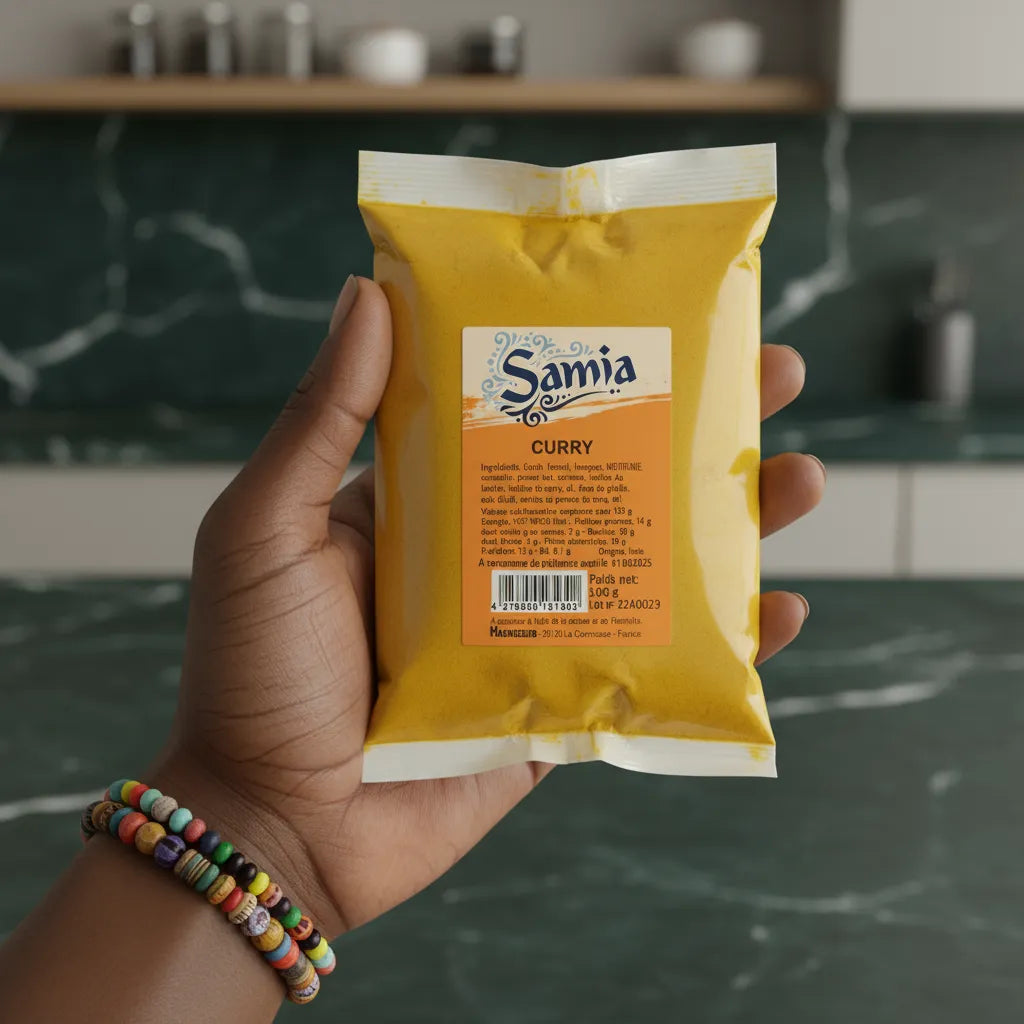 Main tenant un sachet de Curry SAMIA - Épices en Poudre, produit d'épicerie salée pour cuisine aromatique et savoureuse au quotidien.