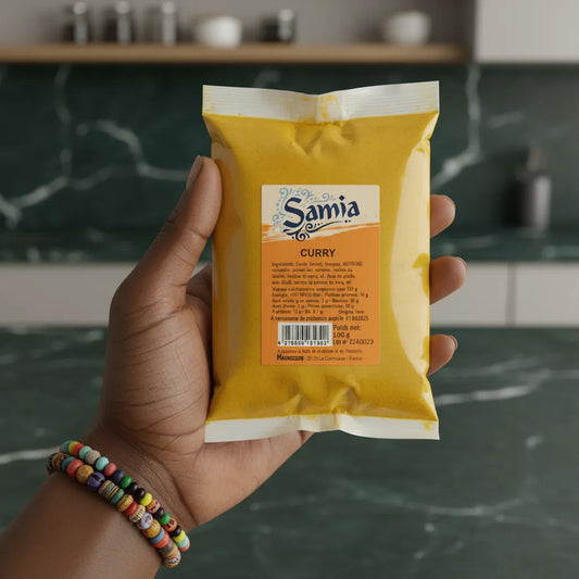 Main tenant un sachet de Curry SAMIA - Épices en Poudre, produit d'épicerie salée pour cuisine aromatique et savoureuse au quotidien.