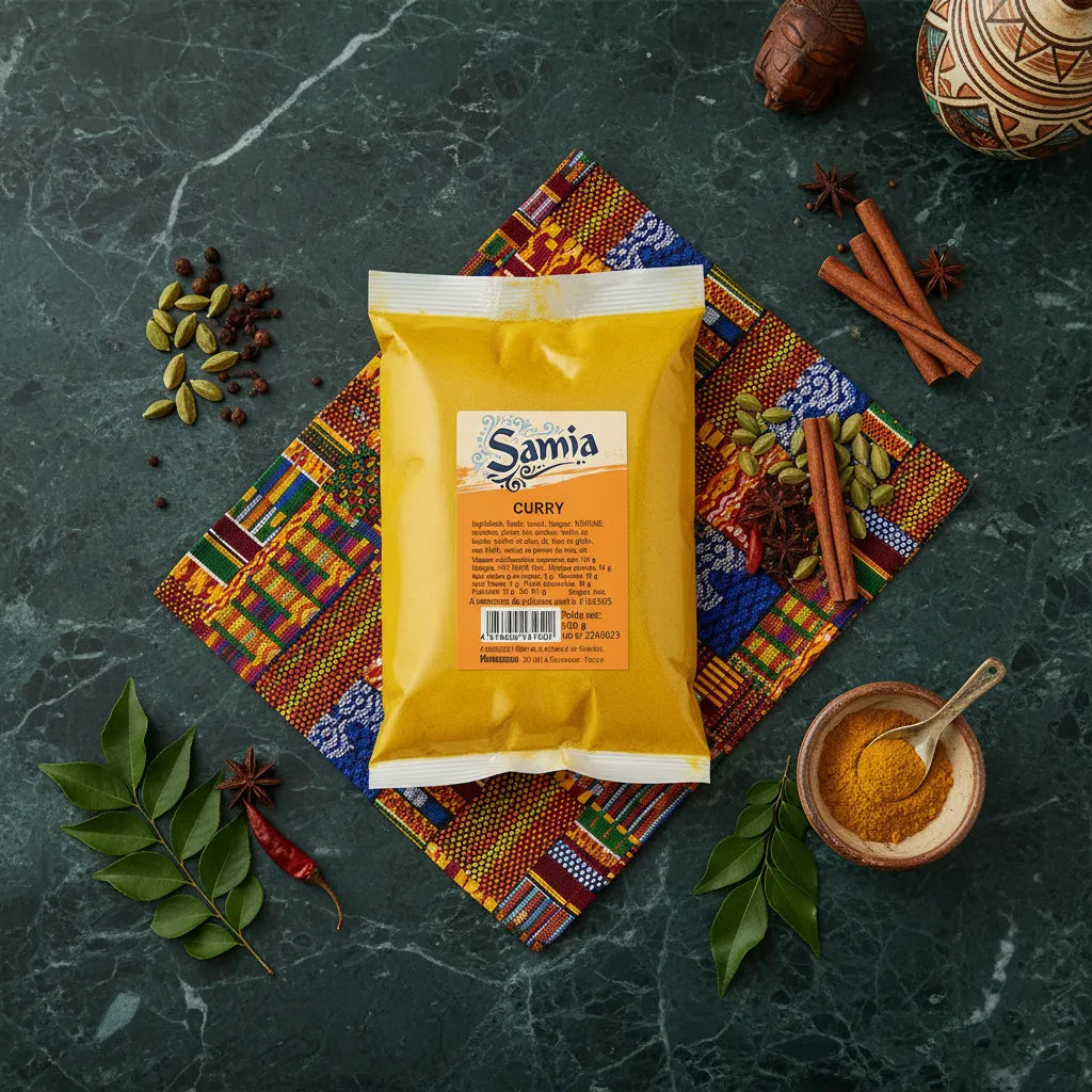 Curry SAMIA - Épices en Poudre posé sur tissu coloré avec épices entières, parfait pour rehausser vos plats avec une touche aromatique.