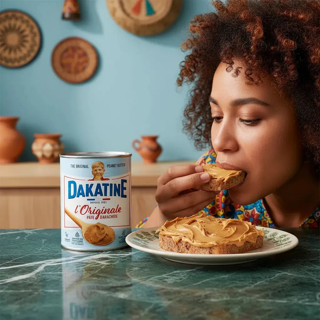 Femme dégustant une tartine à la pâte d'arachide DAKATINE - Épicerie sucrée savoureuse, parfaite pour un petit-déjeuner gourmand et nutritif.