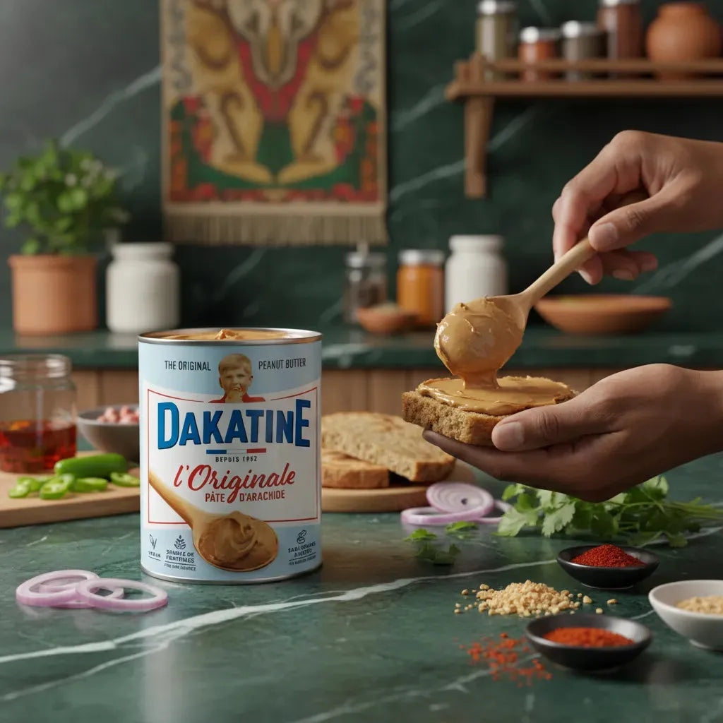 Préparation d'une tartine avec la pâte d'arachide DAKATINE dans une cuisine - Produit épicerie sucrée, idéal pour sauces et plats exotiques.