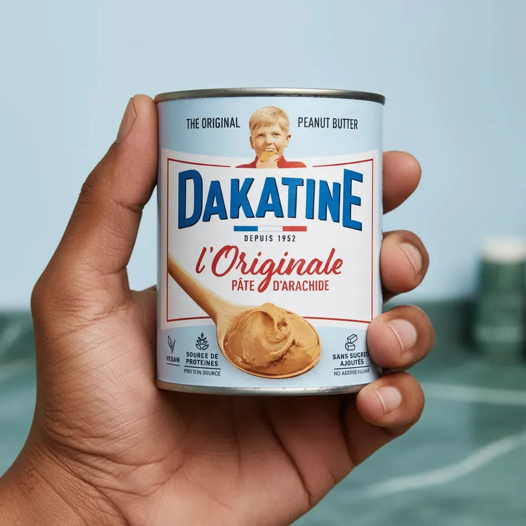 Main tenant une boîte de pâte d'arachide DAKATINE - Produit vegan, riche en protéines, parfait pour une alimentation saine et équilibrée.