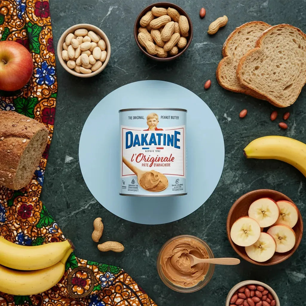 Pâte d'arachide DAKATINE entourée d'ingrédients naturels comme bananes, pain, cacahuètes - Goût authentique pour recettes sucrées ou salées.