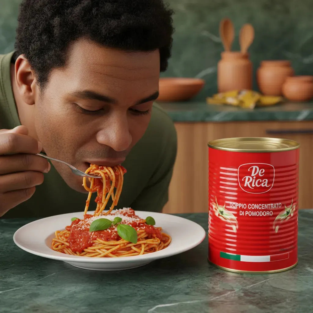Homme dégustant des spaghettis à la sauce tomate préparée avec DE RICA. Tomate concentrée riche en goût pour plats italiens maison.