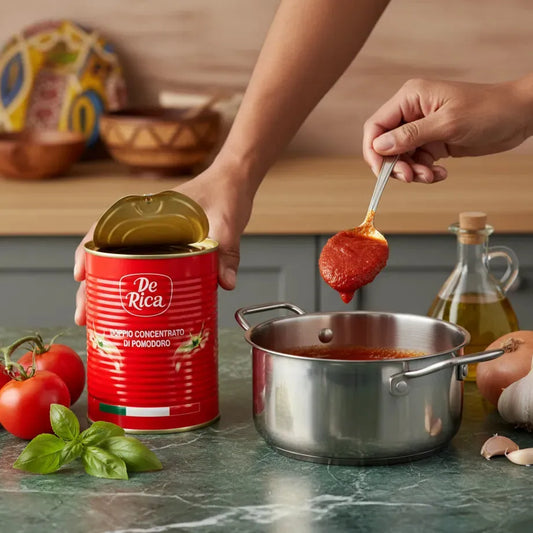 Tomate concentrée DE RICA ajoutée à une sauce maison dans une casserole. Ingrédient polyvalent pour recettes savoureuses et authentiques.