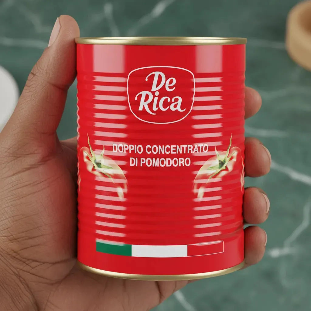 Main tenant une boîte de tomate concentrée DE RICA. Produit d’épicerie salée essentiel pour rehausser sauces, soupes et ragoûts.