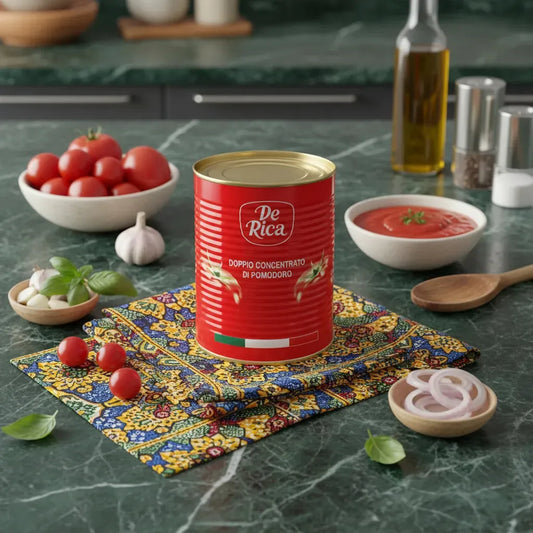 Boîte de concentré de tomates DE RICA posée sur un tissu coloré, entourée d’ingrédients frais. Parfait pour enrichir vos plats cuisinés.