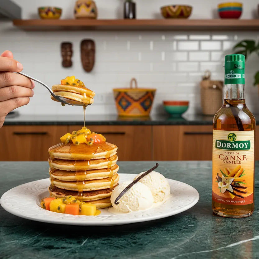 Pancakes garnis de fruits exotiques et glace vanille accompagnés du sirop vanille canne DORMOY, touche sucrée pour plats raffinés.