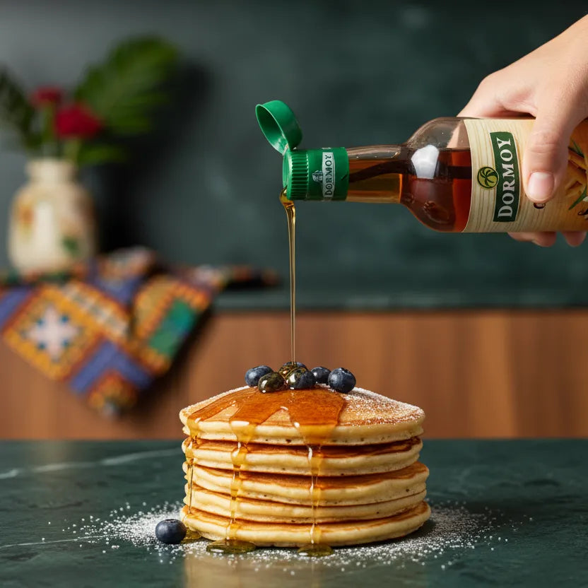 Versement de sirop vanille canne DORMOY sur pancakes aux myrtilles, parfait pour créations culinaires sucrées et boissons gourmandes.