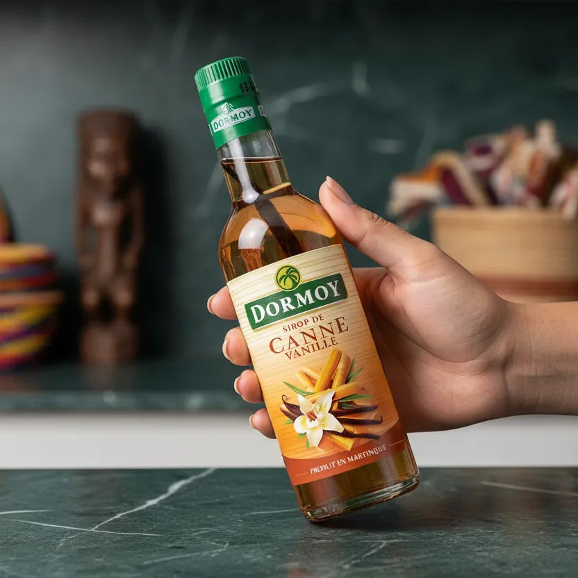 Main tenant une bouteille de sirop vanille canne DORMOY, produit de qualité pour sublimer boissons et recettes sucrées maison.