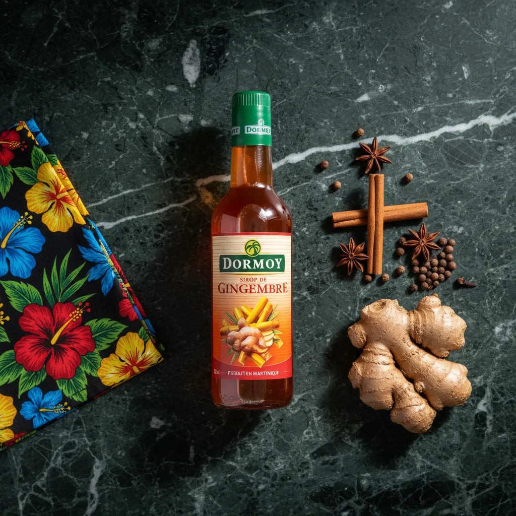 Sirop de gingembre Dormoy posé sur une table en marbre avec gingembre frais, cannelle et anis étoilé, parfait pour boissons et recettes exotiques.