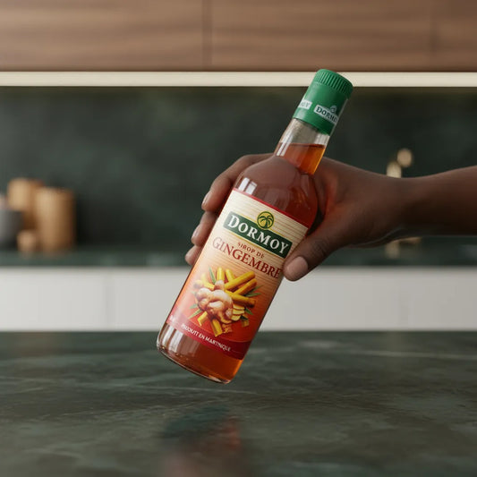 Main tenant une bouteille de sirop de gingembre Dormoy sur un plan de travail moderne, boisson épicée idéale pour cocktails et marinades.