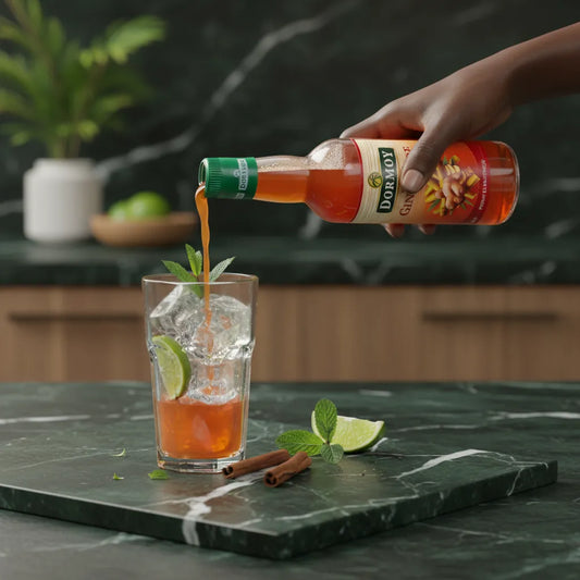 Versement du sirop de gingembre Dormoy dans un verre avec glaçons, citron vert et menthe, boisson rafraîchissante et épicée parfaite pour l'été.