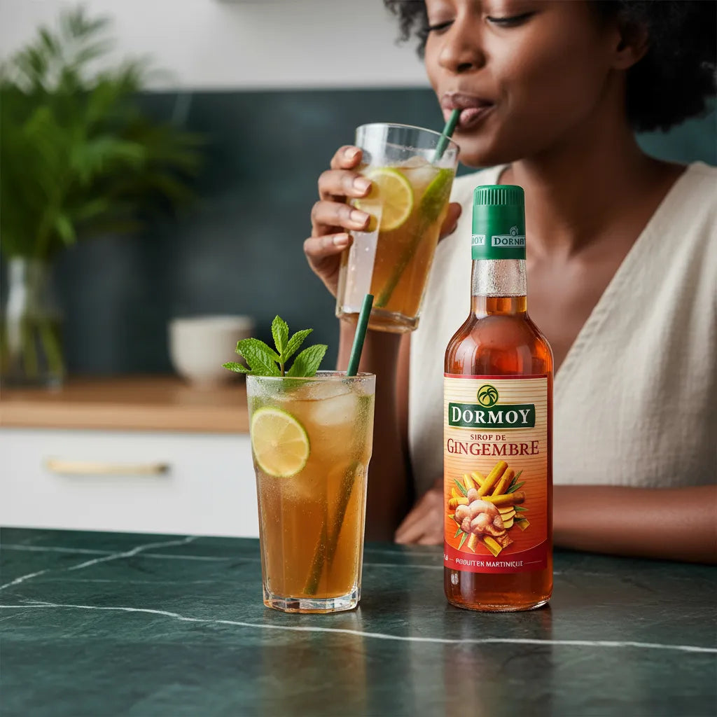 Femme dégustant une boisson au sirop de gingembre Dormoy avec citron vert et menthe, boisson épicée et rafraîchissante à base de gingembre.