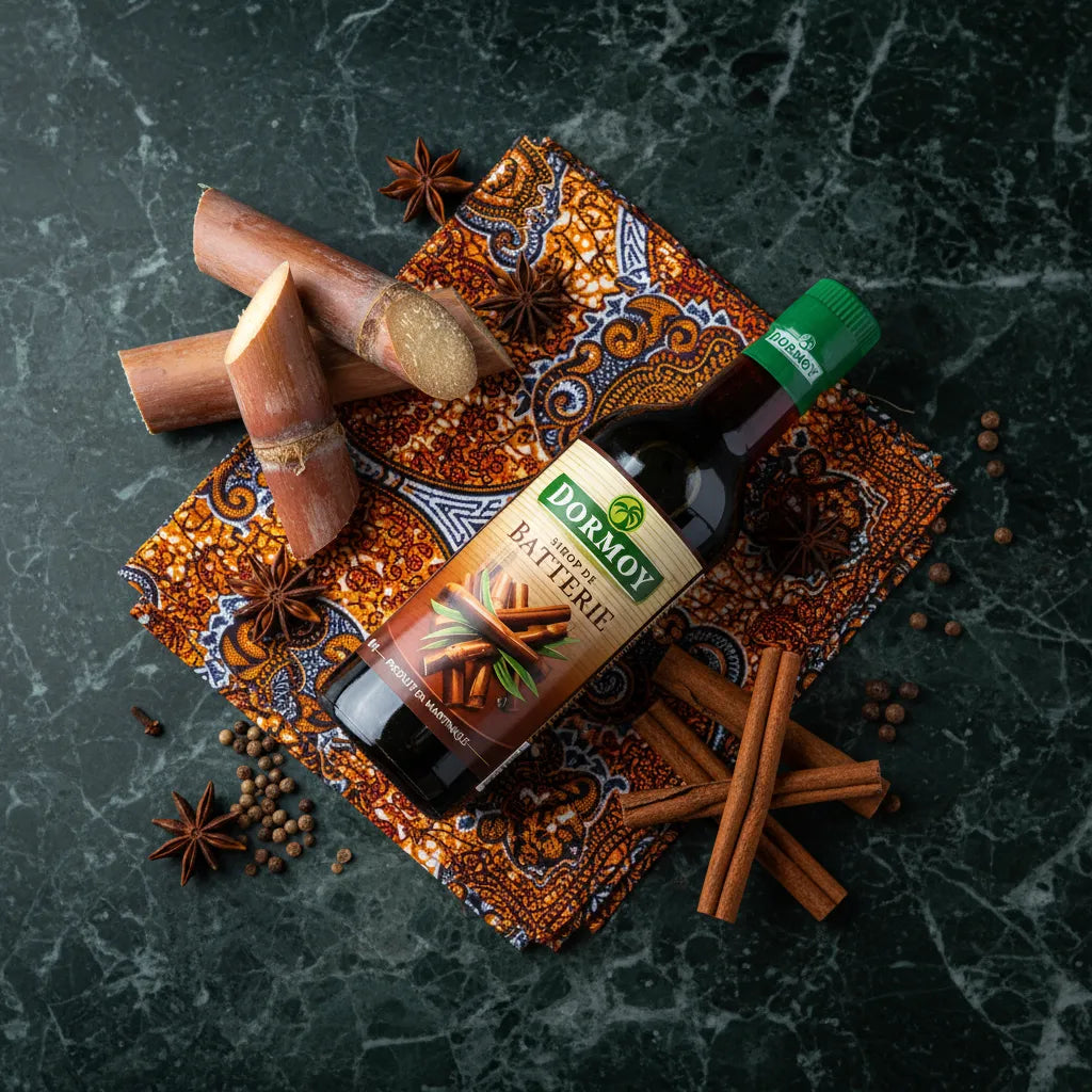 Bouteille de sirop de batterie DORMOY posée sur tissu coloré avec canne à sucre et épices, édulcorant naturel pour cuisine créole.