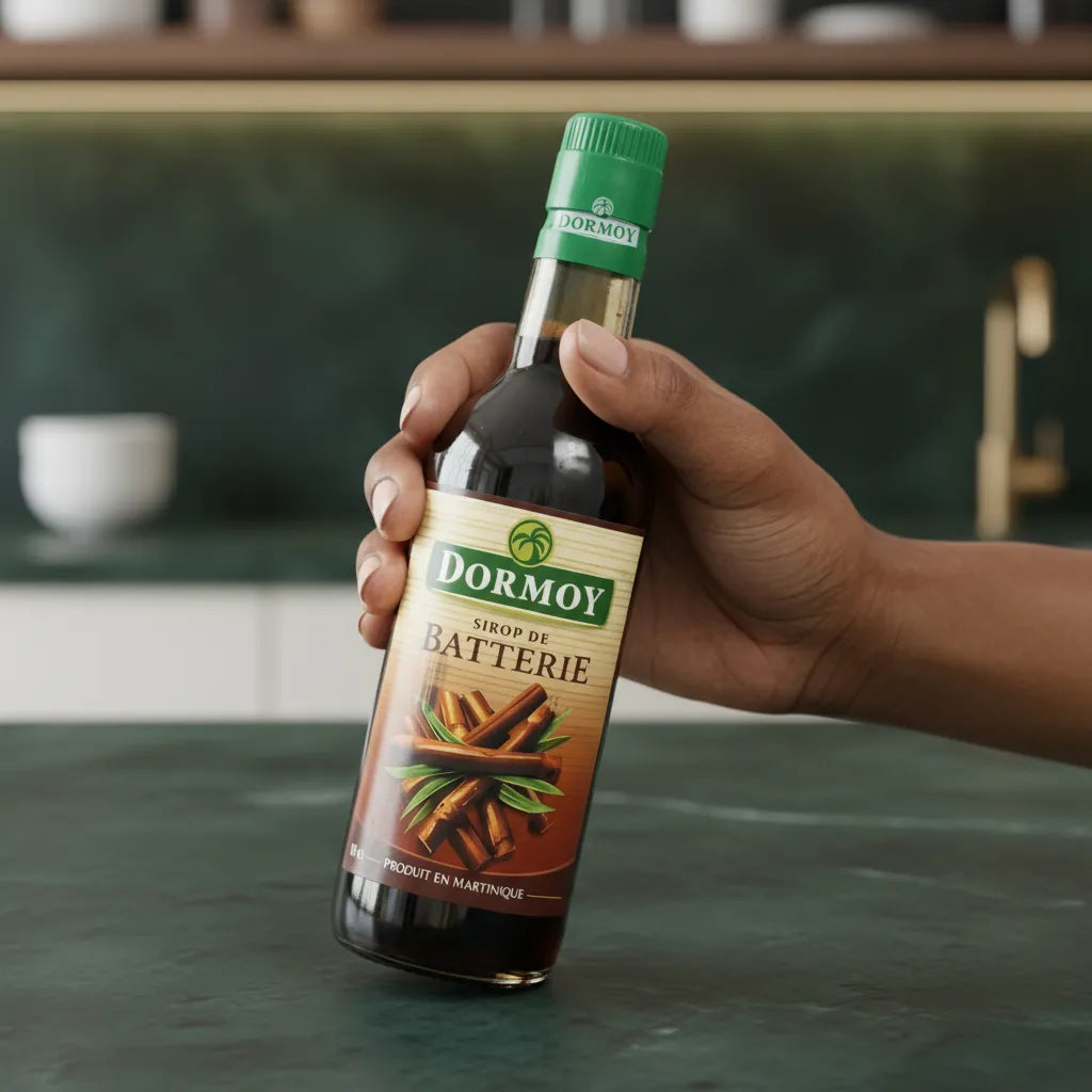 Main tenant une bouteille de sirop de batterie DORMOY, produit martiniquais à base de canne à sucre, édulcorant naturel authentique.