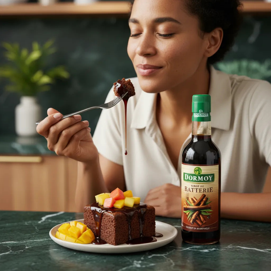 Femme dégustant un gâteau nappé de sirop de batterie DORMOY, édulcorant naturel à la canne à sucre, parfait pour desserts exotiques.