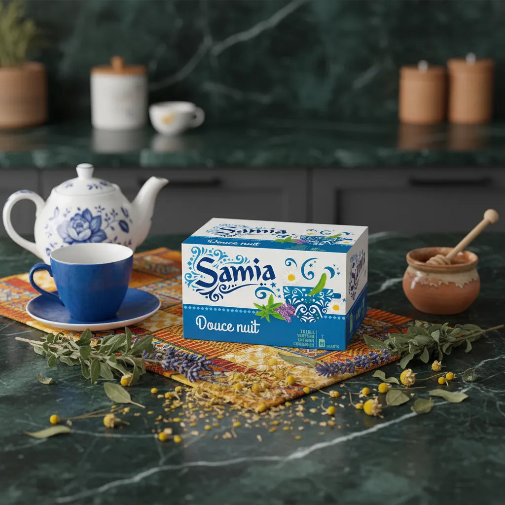 Boîte d'infusion douce nuit SAMIA posée sur un tapis coloré avec théière, tasse et plantes comme camomille et tilleul en arrière-plan.