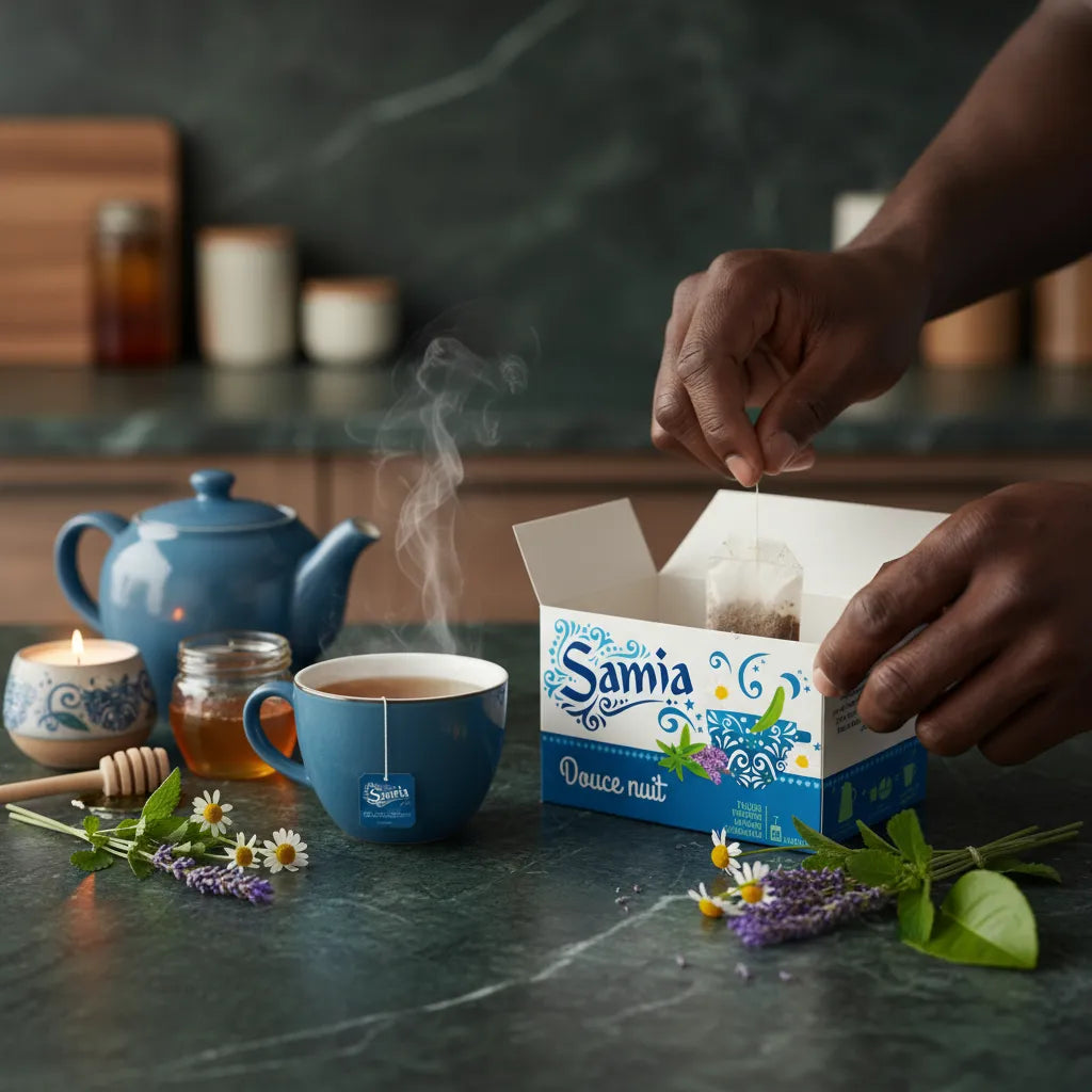 Préparation d'une tisane douce nuit SAMIA avec sachet, tasse fumante et herbes naturelles comme lavande et verveine sur table.