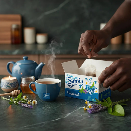 Préparation d'une tisane douce nuit SAMIA avec sachet, tasse fumante et herbes naturelles comme lavande et verveine sur table.