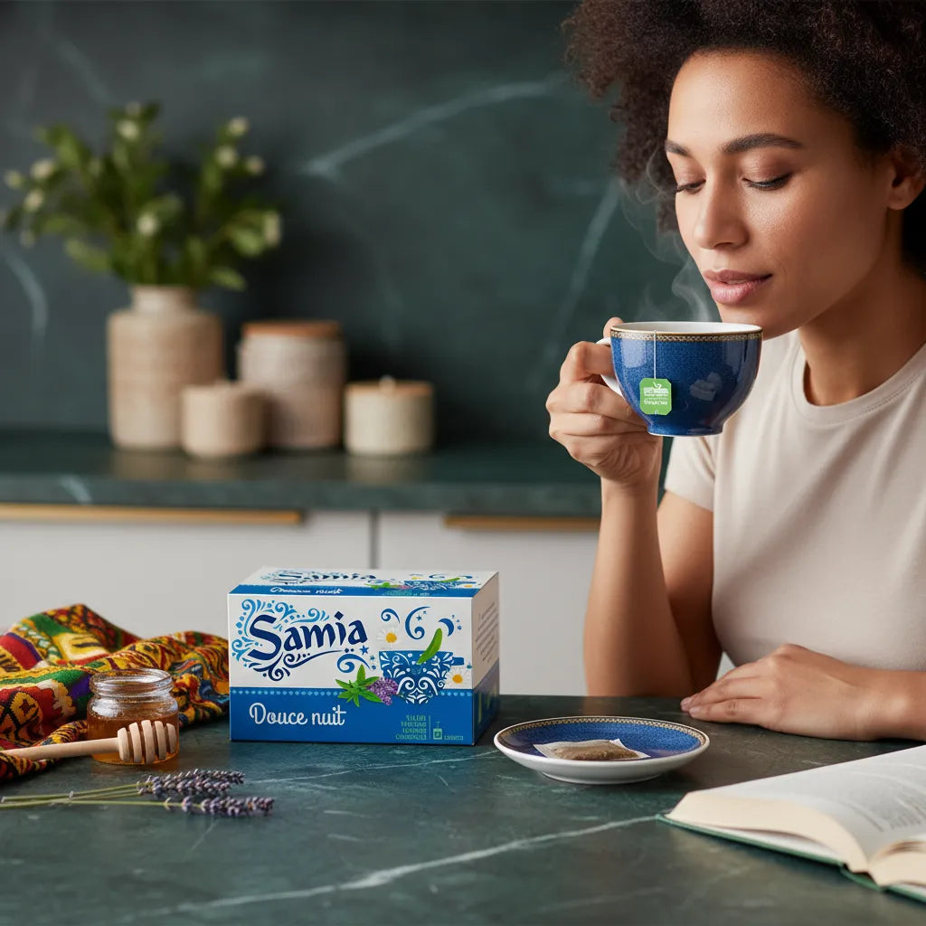 Femme dégustant une infusion douce nuit SAMIA dans une cuisine, avec boîte visible, pour une expérience apaisante avant le coucher.